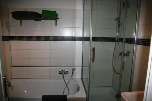 a bathroom with a shower and a toilet and a sink at Ferienwohnung Melrose - Design & Glasfaser am Silbersee in Lehmbraken