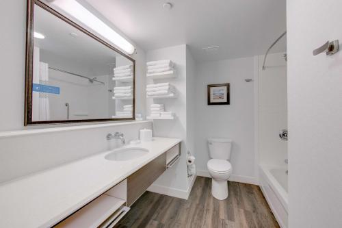 スプリングにあるHampton Inn & Suites North Houston Springの白いバスルーム(洗面台、トイレ付)