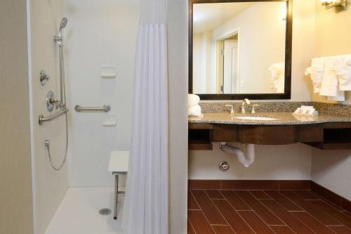 a bathroom with a sink and a shower with a mirror at Hilton Garden Inn Greensboro Airport in Greensboro