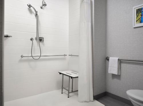 uma casa de banho com um chuveiro e um WC. em Hampton Inn Pinellas Park St Petersburg, Fl em Pinellas Park