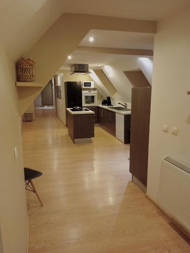 a large kitchen with wooden floors and a long hallway at Les orangers in Oloron-Sainte-Marie