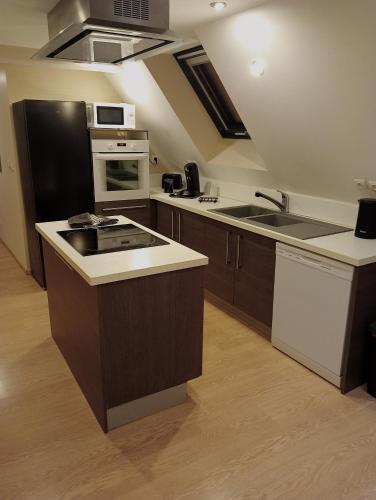 a kitchen with a sink and a stove top oven at Les orangers in Oloron-Sainte-Marie