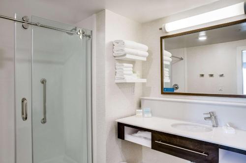 a bathroom with a shower and a sink and a mirror at Hampton Inn & Suites Fort Worth Downtown in Fort Worth