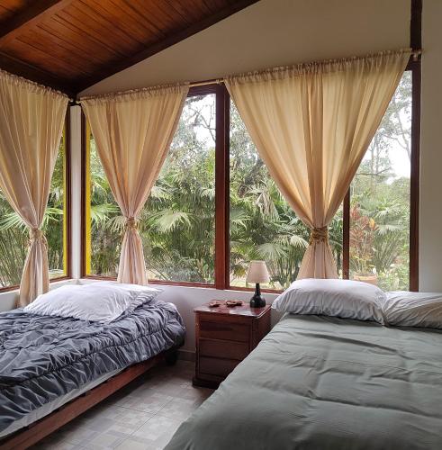a bedroom with two beds and a large window at Senz Chalet Riverside - Mindo in Mindo