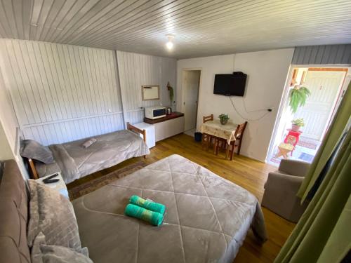Habitación pequeña con 2 camas y TV. en Cabana Pé Da Serra dos Bitus, en Urubici