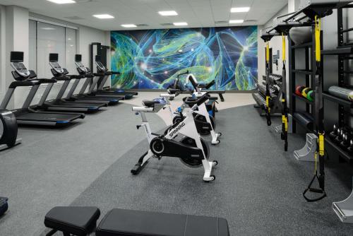 a gym with rows of exercise bikes and treadmills at Hilton Garden Inn Seattle Lynnwood, Wa in Lynnwood
