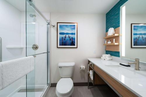 La salle de bains est pourvue de toilettes et d'une douche en verre. dans l'établissement Hilton Garden Inn Seattle Lynnwood, Wa, à Lynnwood