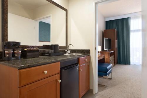 ブレアにあるエンバシー スイーツ バイ ヒルトン ブレア- ノース オレンジ カウンティの洗面台と鏡付きのホテルルーム