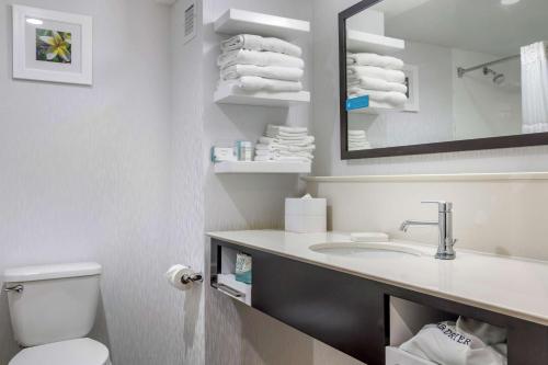 uma casa de banho com um lavatório, um WC e um espelho. em Hampton Inn Adel em Adel