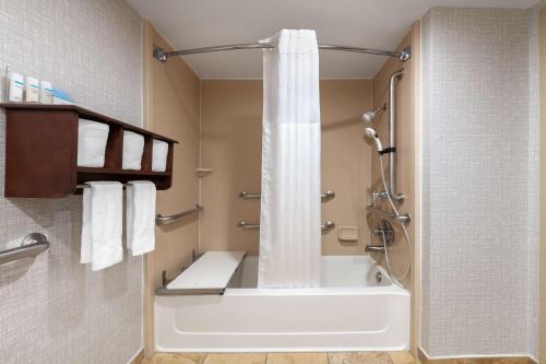 a bathroom with a tub and a shower with a shower curtain at Hampton Inn Denver-International Airport in Denver