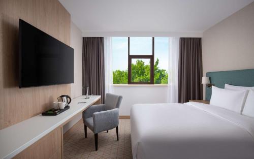 um quarto de hotel com uma cama, uma secretária e uma televisão em DoubleTree by Hilton Shymkent em Shymkent