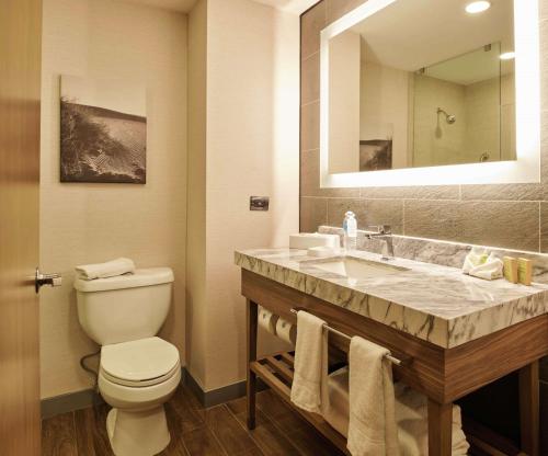 a bathroom with a toilet and a sink with a mirror at Hampton Inn Ciudad Juarez in Ciudad Juárez