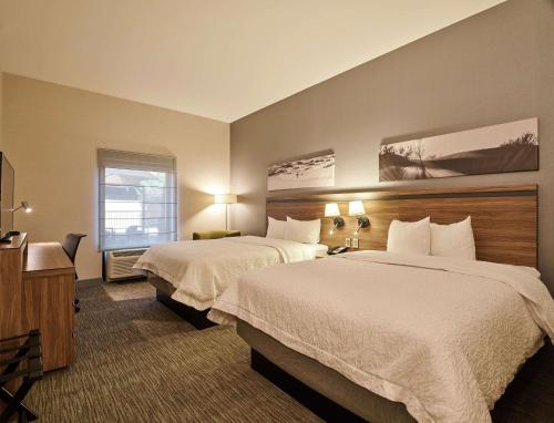 a hotel room with two beds and a window at Hampton Inn Ciudad Juarez in Ciudad Juárez