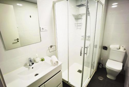 La salle de bains est pourvue d'une douche, d'un lavabo et de toilettes. dans l'établissement El Comienzo, à Tolède