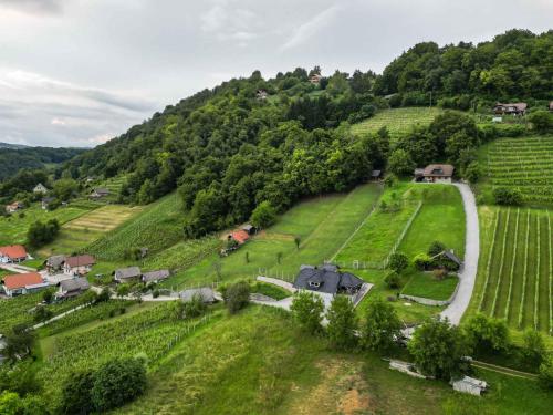 an aerial view of a farm with a house and a road at Holiday home in Smarjeske Toplice - Kranjska Krain 45723 in Smarjeske Toplice