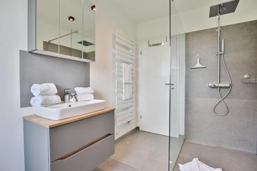 y baño con lavabo y ducha. en Haus am Seehof 9 Ferienwohnung Ostseeliebe Nr 3, en Sierksdorf