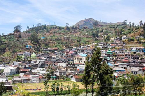 a large group of houses on a mountain at RedDoorz Syariah near Kawasan Wisata Gunung Prau Dieng in Dieng