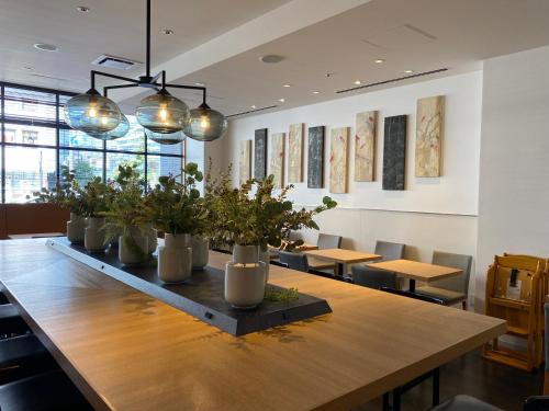a long table with potted plants on it in a room at Hotel Forza Oita in Oita