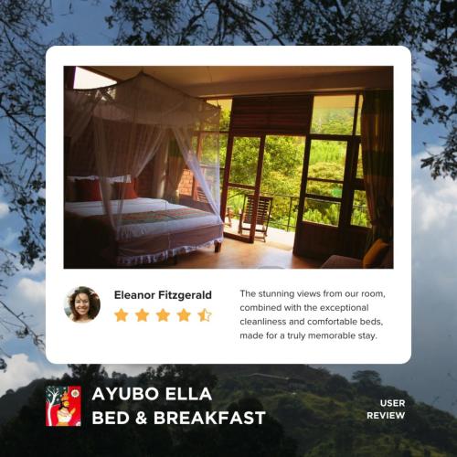 a poster for a bed and breakfast with a bed and a window at Ayubo Ella - Bed & Breakfast in Ella