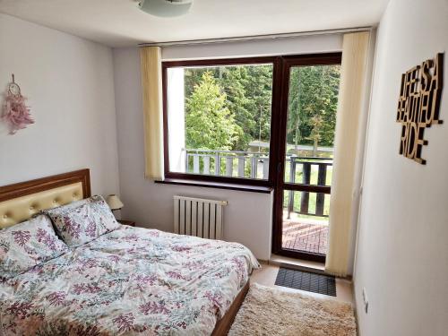 une chambre avec un lit et une grande fenêtre dans l'établissement Sunny Apartment C25, à Borovets