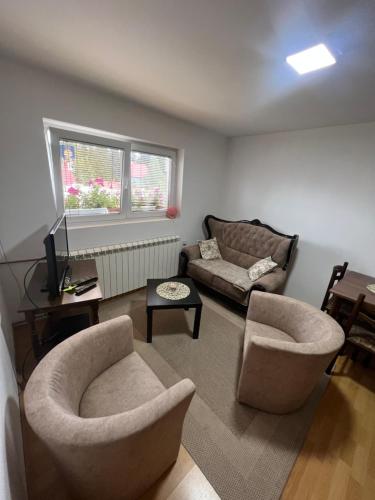 a living room with two chairs and a couch at Apartment Kalpačina in Žabljak