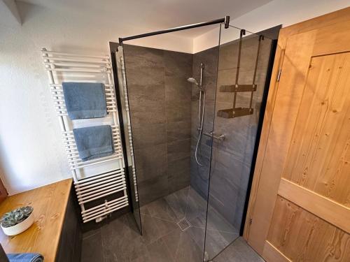 um chuveiro com uma porta de vidro na casa de banho em Ferienwohnung Schlossblick em Aschau im Chiemgau