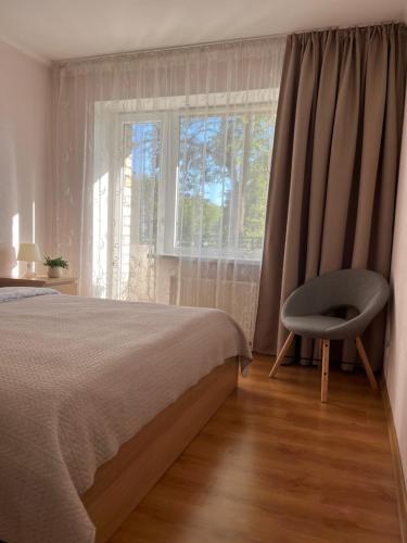 sypialnia z łóżkiem, krzesłem i oknem w obiekcie Center two bedroom apartment w mieście Dyneburg