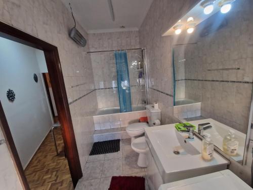 uma casa de banho com um lavatório, um WC e um chuveiro em Truz truz2 no Porto