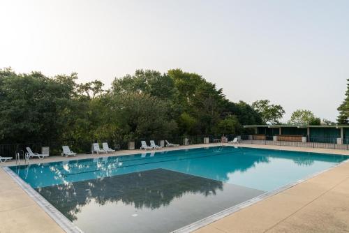 une grande piscine avec des chaises et des arbres dans l'établissement Studio Camargue, à Nîmes
