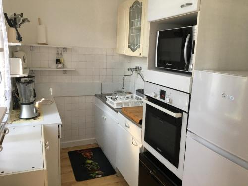 une petite cuisine avec un réfrigérateur et un évier dans l'établissement Petite villa le clan, à Ajaccio