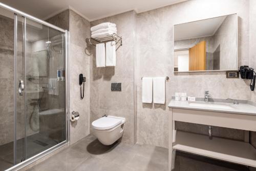 een badkamer met een toilet, een wastafel en een douche bij Carina Gold Hotel in Istanbul