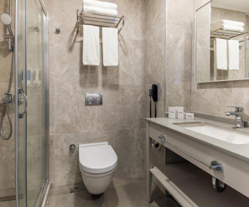 a bathroom with a toilet and a sink and a shower at Carina Gold Hotel And Restaurant in Istanbul