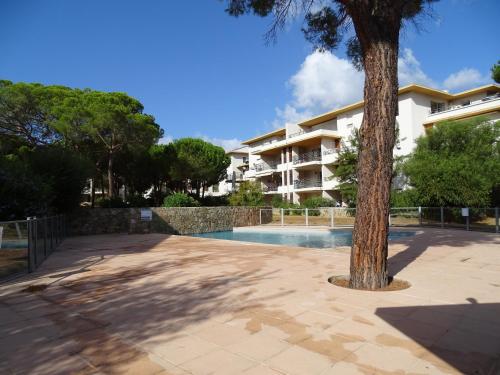 un arbre en face d'un bâtiment avec piscine dans l'établissement T2 dans résidence avec piscine, à Calvi