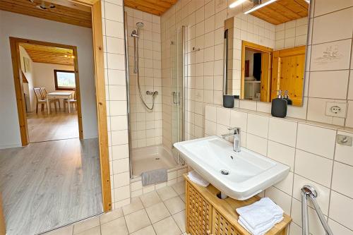 a bathroom with a sink and a shower at Ferienwohnung Steinhart Kappel in Lenzkirch