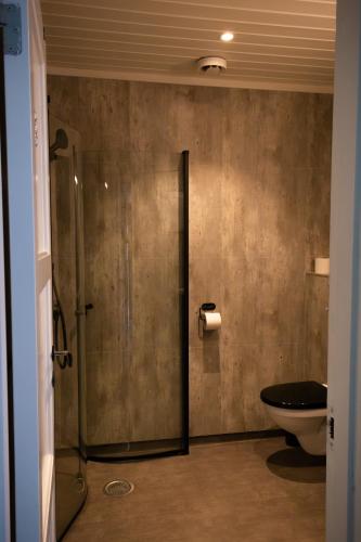 a bathroom with a toilet and a glass shower stall at Skanckegårdene AS in Røros
