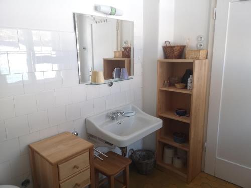 La salle de bains est pourvue d'un lavabo et d'un miroir. dans l'établissement Ferienwohnung im alten Zollhaus, à Dellach
