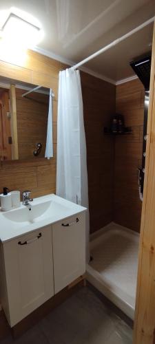 a bathroom with a white sink and a shower at Montfort Weekend in Ma‘alot