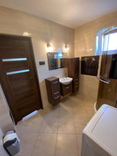 a bathroom with a sink and a toilet and a shower at Ranczo Słajszewo in Słajszewo