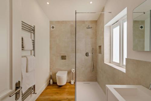 een badkamer met een douche, een toilet en een wastafel bij The Willows by Bloom Stays in Ash