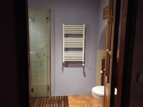 een badkamer met een toilet en een glazen douche bij Llar compartida El Tupí in Sant Juliá de Vilatorta