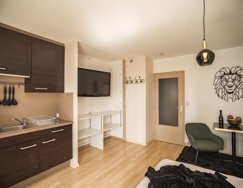 Cette chambre comprend une cuisine avec un évier et une table. dans l'établissement Voltaire Lion Suite - 5 min Hypercentre - Parking Privé, à Troyes