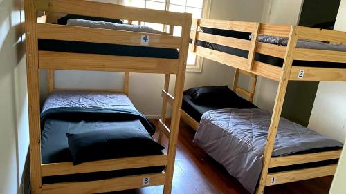 two bunk beds in a room next to a window at Zen Home in Santa Ana