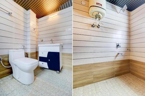 two pictures of a bathroom with a toilet in a room at The Cozy Nook - Manali in Manāli