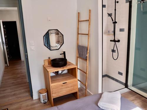 een badkamer met een wastafel, een spiegel en een douche bij Belle Villa au Coeur du Touquet in Le Touquet-Paris-Plage