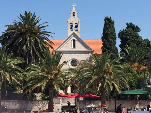 a church with palm trees in front of it at Studio apartment in Sucuraj with sea view, balcony, air conditioning, WiFi 3560-4 in Sućuraj