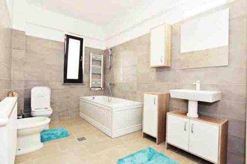 ein Badezimmer mit einem WC, einem Waschbecken und einer Badewanne in der Unterkunft Casa Albert 2 in Iaşi