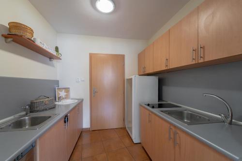 a kitchen with two sinks and a white refrigerator at Penzión Živa Bijacovce in Bijacovce