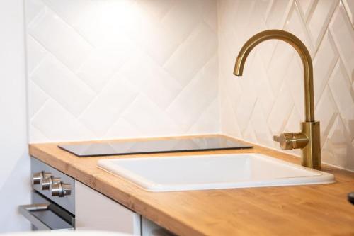 - un comptoir de cuisine avec un évier et un robinet dans l'établissement Le Goélette - Superb cosy apartment, à Lyon