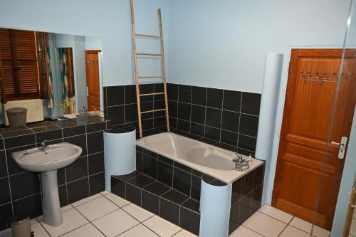 a bathroom with a sink and a tub and a toilet at La Villa du Papetier in Boussières