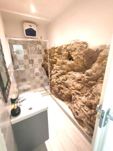 a bathroom with a large rock wall at The small waterfall house, la cascatella in Massa